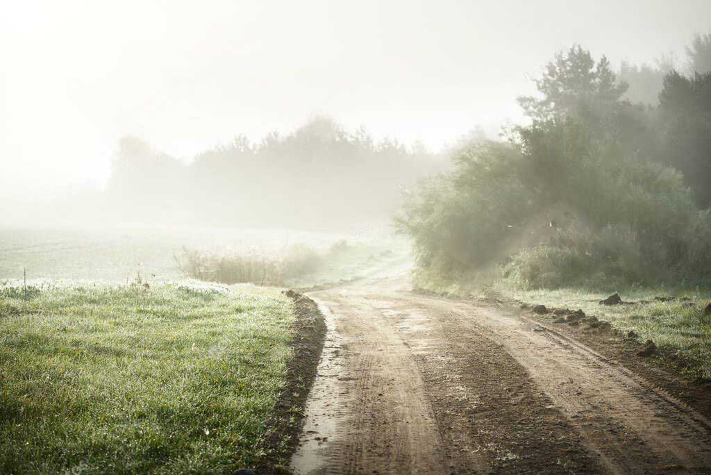 Alba su una strada provinciale tra i campi
